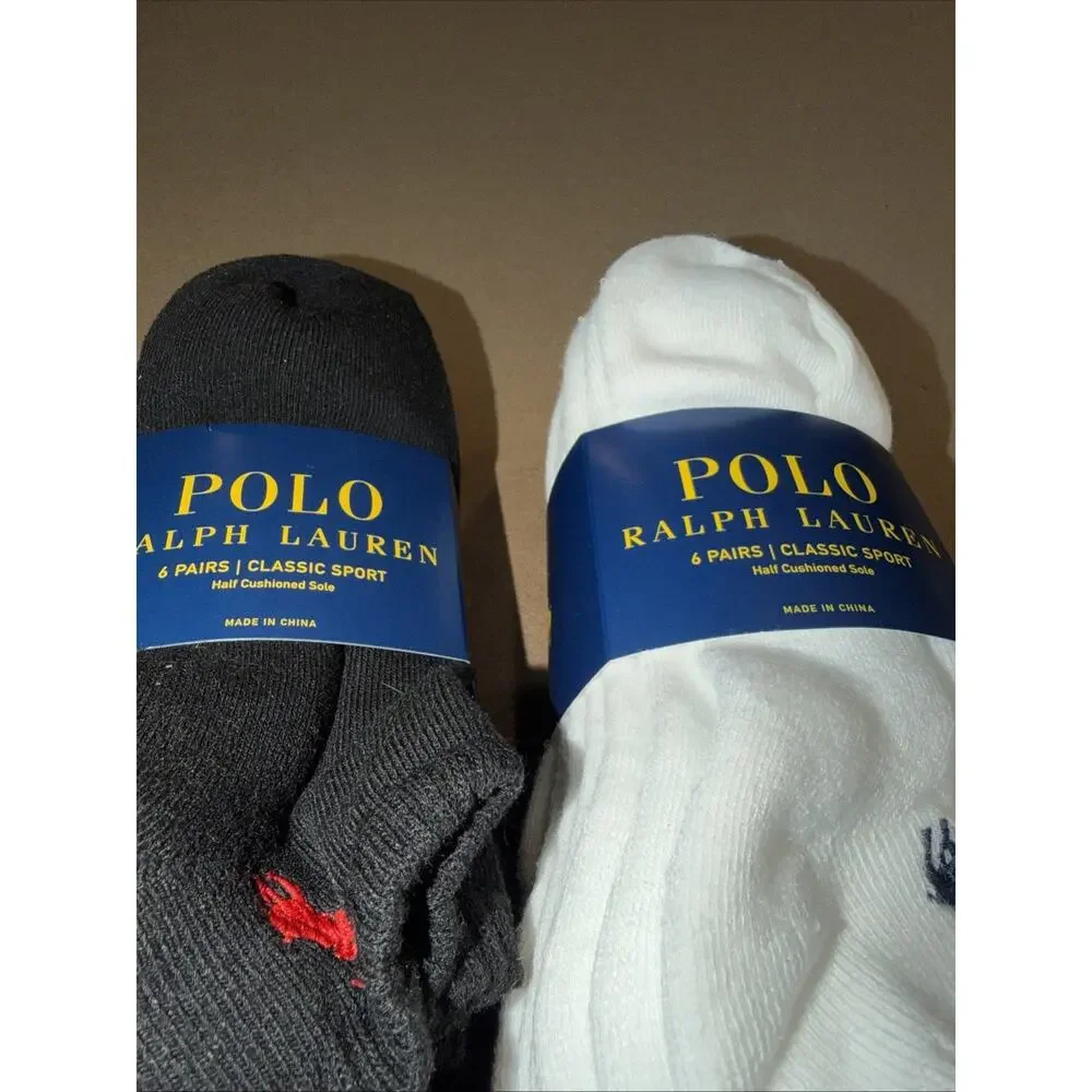 2 Packs Polo Ralph Lauren Men 12 Pairs Total 6 White/ 6 Black Clas Sport LowCut